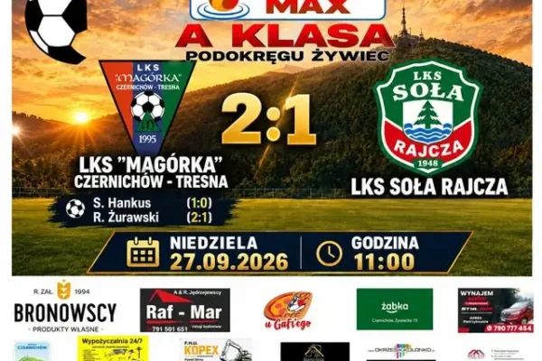 LKS Magórka Czernichów-Tresna wygrywa 2:1 z Sołą Rajcza