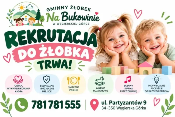 Gminny Żłobek „Na Bukowinie” w Węgierskiej Górce prowadzi nabór – przyjmuje też dzieci spoza gminy