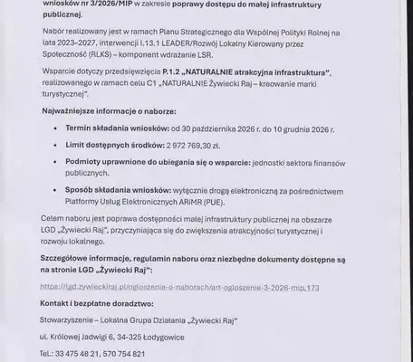 Żywiecki Raj ogłasza nabór wniosków na małą infrastrukturę publiczną