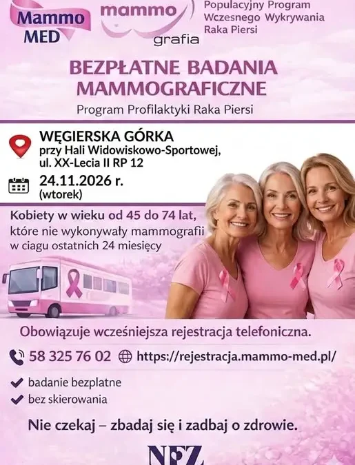 Bezpłatna mammografia w Węgierskiej Górce – 24 listopada 2026