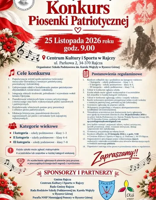 Rajcza: Międzyszkolny Konkurs Piosenki Patriotycznej już 25 listopada